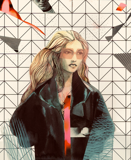 artwork of a blond woman wearing glasses in a leather jacket with an abstract background